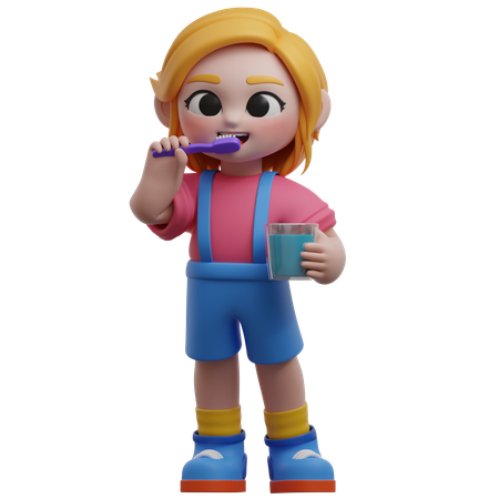 Girl Character Brushing Teeth With Glass Of Water  3D Illustration