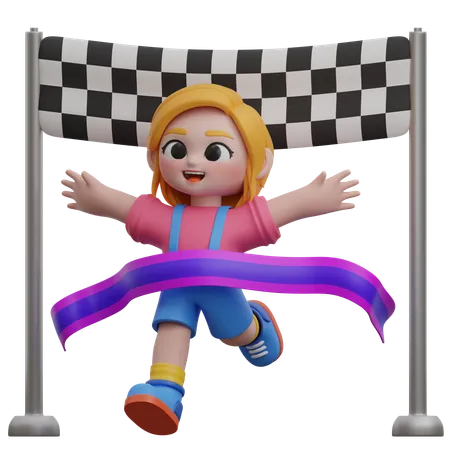 Girl Character Crossing Finish Line Race  3D Illustration