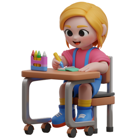 Girl Character Drawing At Desk  3D Illustration