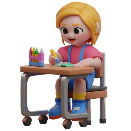 Girl Character Drawing At Desk  3D Illustration