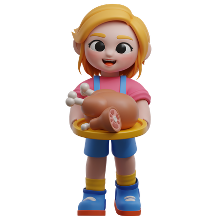 Girl Character Holding A Roast Chicken  3D Illustration