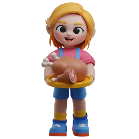 Girl Character Holding A Roast Chicken  3D Illustration