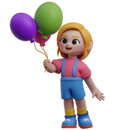 Girl Character Holding Balloons  3D Illustration