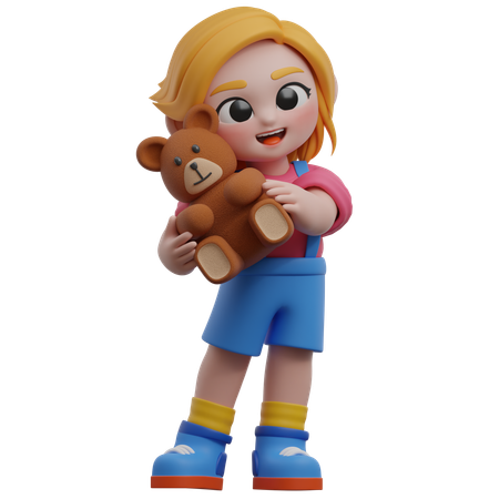 Girl Character Holding Teddy Bear  3D Illustration