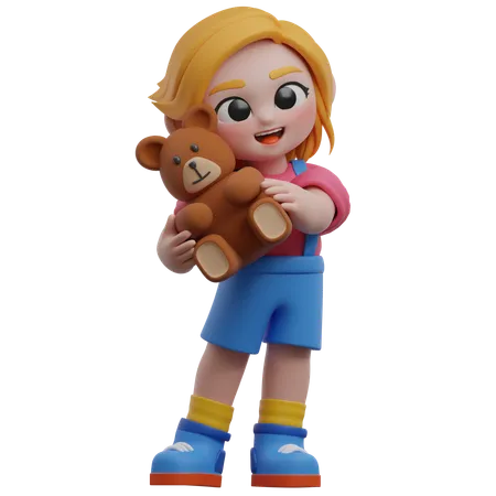 Girl Character Holding Teddy Bear  3D Illustration