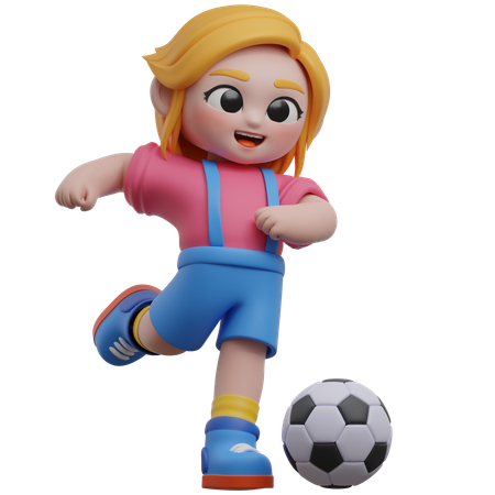 サッカーボールを蹴る女の子のキャラクター  3D Illustration