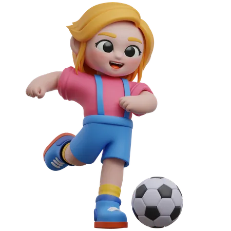 サッカーボールを蹴る女の子のキャラクター  3D Illustration