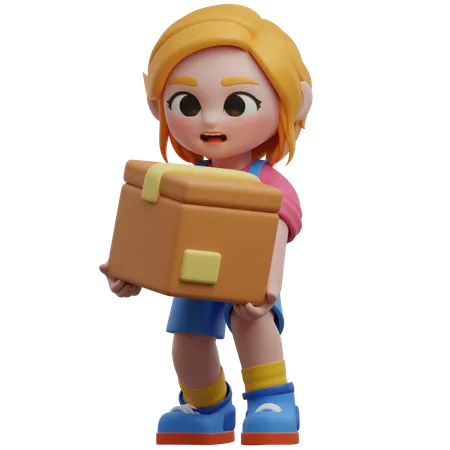 Girl Character Lifting Box  3D Illustration