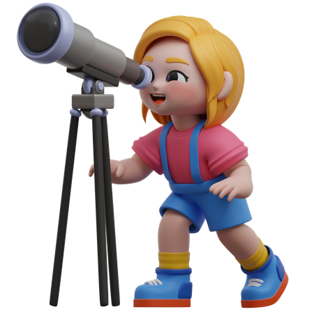 Girl Character Looking Through Telescope  3D Illustration