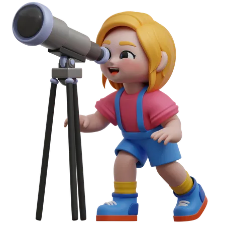 Girl Character Looking Through Telescope  3D Illustration