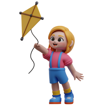 Girl Character Playing A Kite  3D Illustration