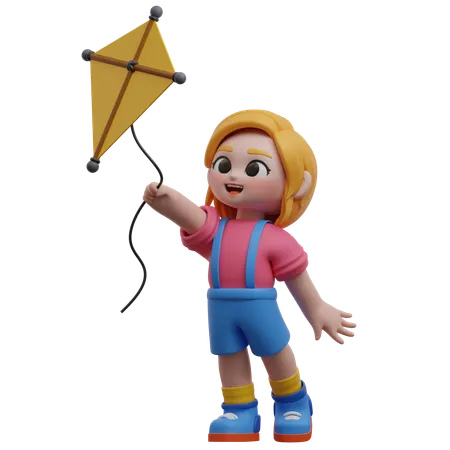 Girl Character Playing A Kite  3D Illustration