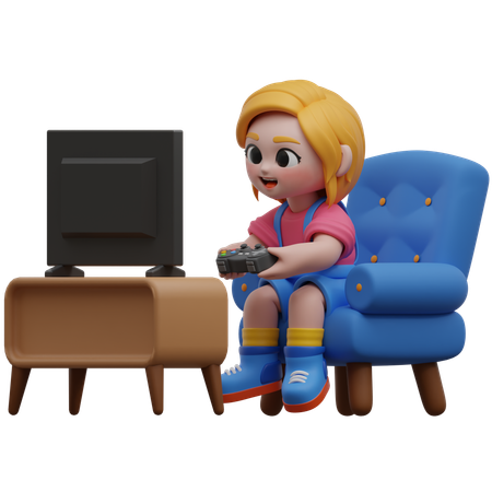 Girl Character Playing Video Game At Home  3D Illustration