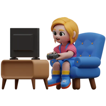 Girl Character Playing Video Game At Home  3D Illustration