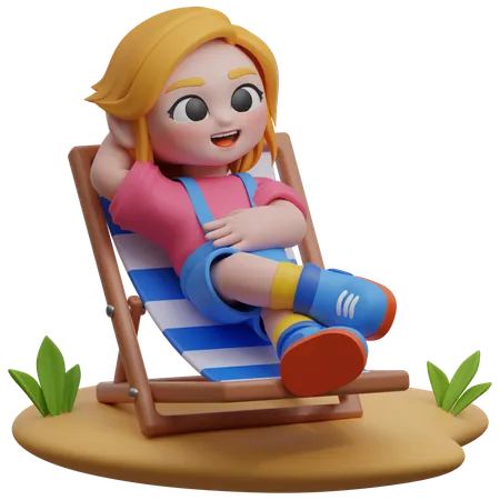 Girl Character Relaxing Deck Chair  3D Illustration