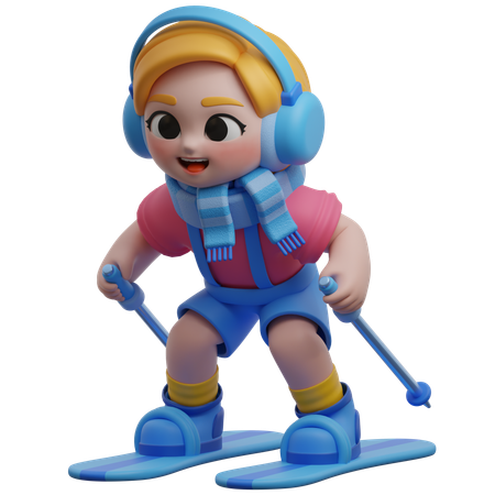 Girl Character Skiing With Headphones  3D Illustration