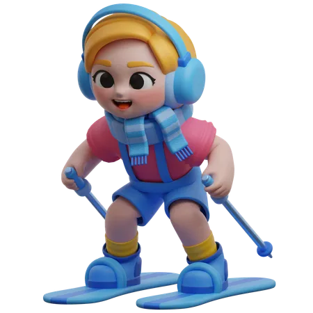 Girl Character Skiing With Headphones  3D Illustration