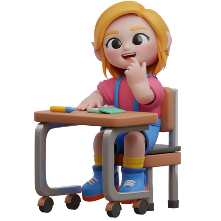 Girl Character Student At Desk  3D Illustration