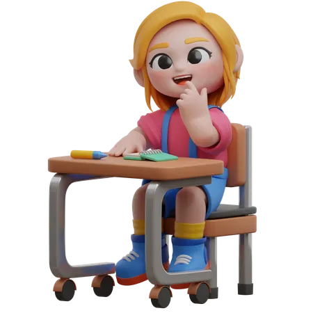 Girl Character Student At Desk  3D Illustration