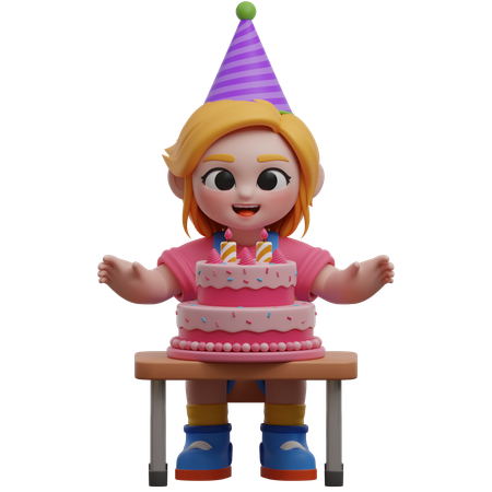 誕生日ケーキを持つ女の子キャラクター  3D Illustration