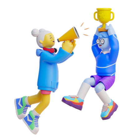 Girl Cheering With Trophy  3D Icon