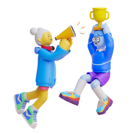 Girl Cheering With Trophy  3D Illustration