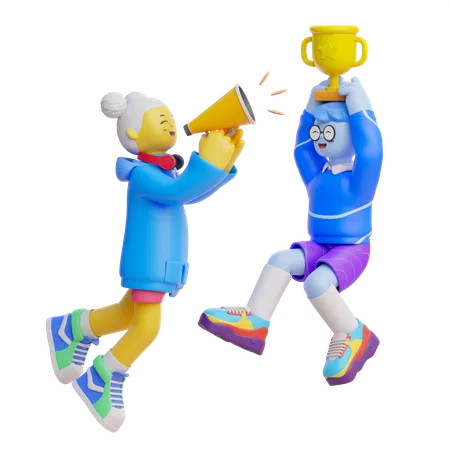 Girl Cheering With Trophy  3D Illustration