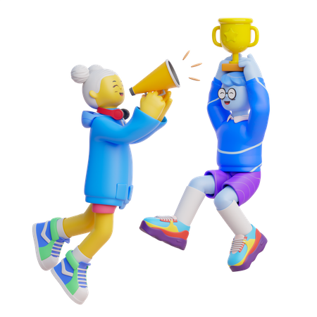 Girl Cheering With Trophy 3D Illustration