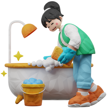 Girl Cleaning Bathroom  3D Illustration