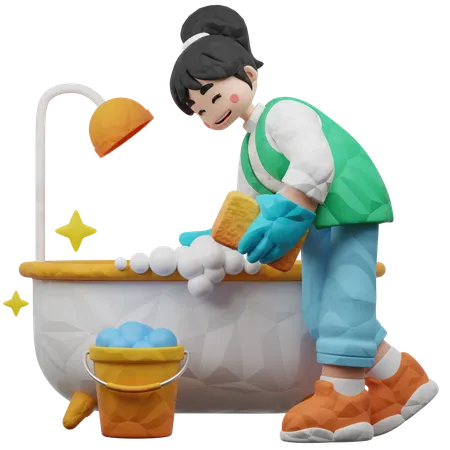 Girl Cleaning Bathroom  3D Illustration