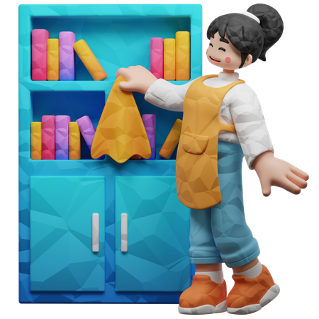 Girl Cleaning Books Rack  3D Icon
