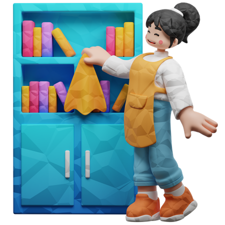 Girl Cleaning Books Rack  3D Illustration