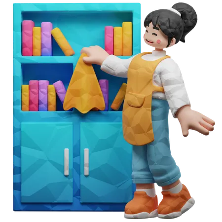 Girl Cleaning Books Rack  3D Illustration