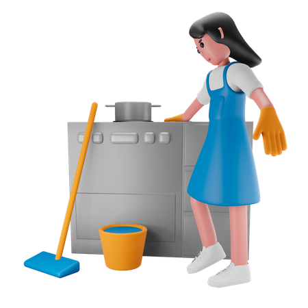 Girl cleaning in the kitchen 3D Illustration