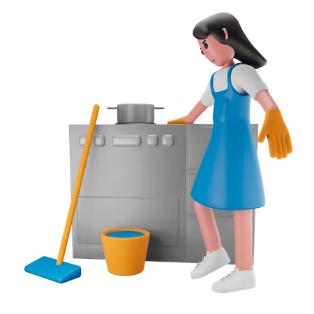 Girl cleaning in the kitchen 3D Illustration