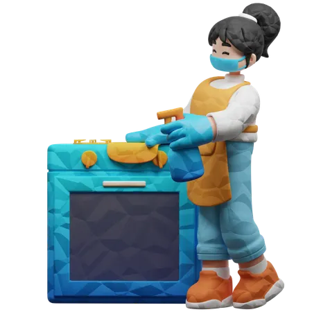 Girl Cleaning Kitchen Using Sprayer  3D Illustration