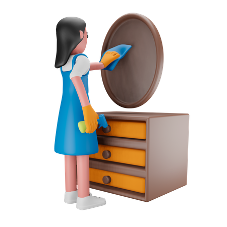 Girl cleaning the mirror 3D Illustration