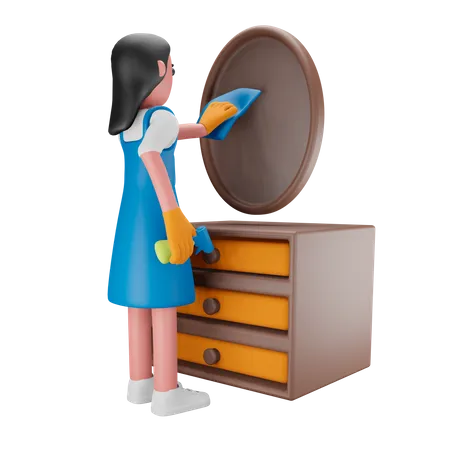 Girl cleaning the mirror  3D Illustration