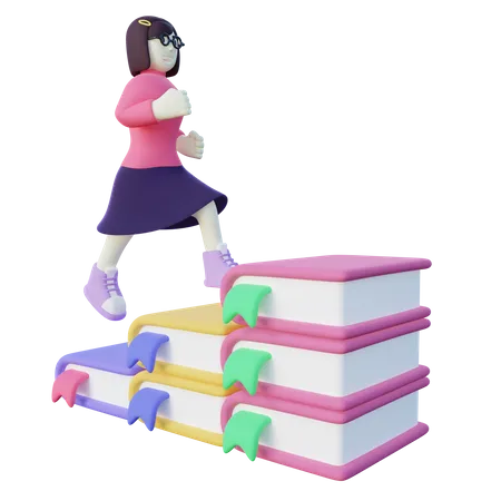 Stylized 3 D Girl Climbing Book Stairs 3D Illustration