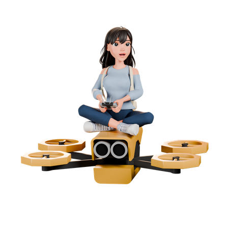 Girl Controlling Hover Drone  3D Illustration