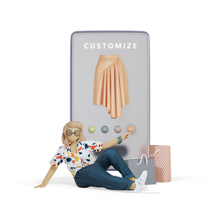 Girl Customizing Dress On Smartphone  3D Illustration