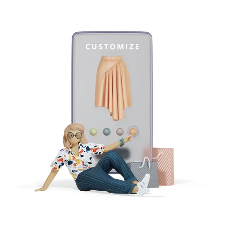 Girl Customizing Dress On Smartphone  3D Illustration