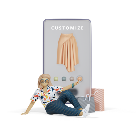 Girl Customizing Dress On Smartphone 3D Illustration