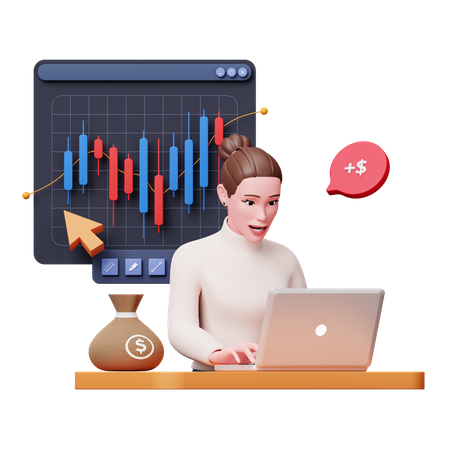 Girl doing investment in stocks  3D Illustration