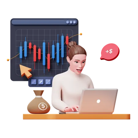 Girl doing investment in stocks  3D Illustration