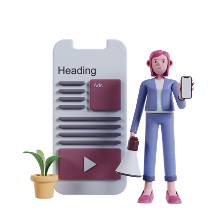 Girl doing mobile marketing  3D Icon