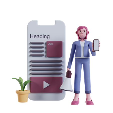 Girl doing mobile marketing  3D Illustration