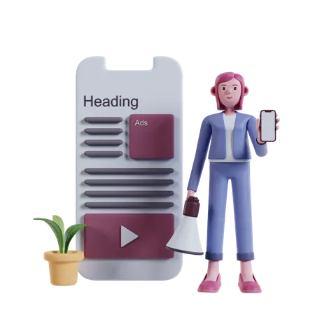 Pink Haired Young Girl Holding A Loudspeaker While Showing A Cellphone Screen Containing Cellular Advertisements 3D Illustration