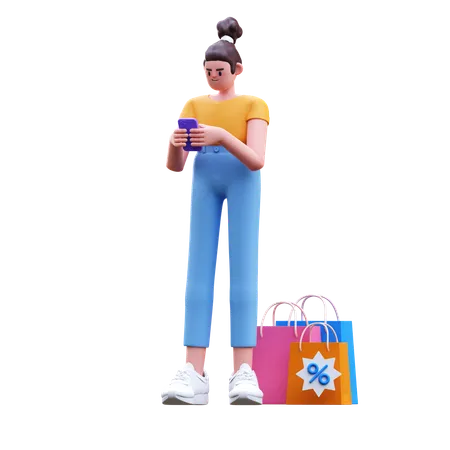 Girl Doing Mobile Shopping  3D Illustration