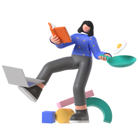 Girl Doing Multitask Work  3D Icon